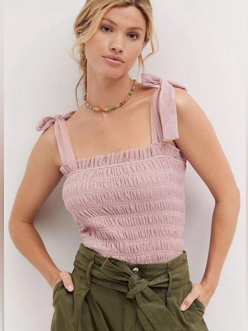 🌸 NWT | Anthropologie Smocked Tie Strap Tank Top Dusty Rose Size Large